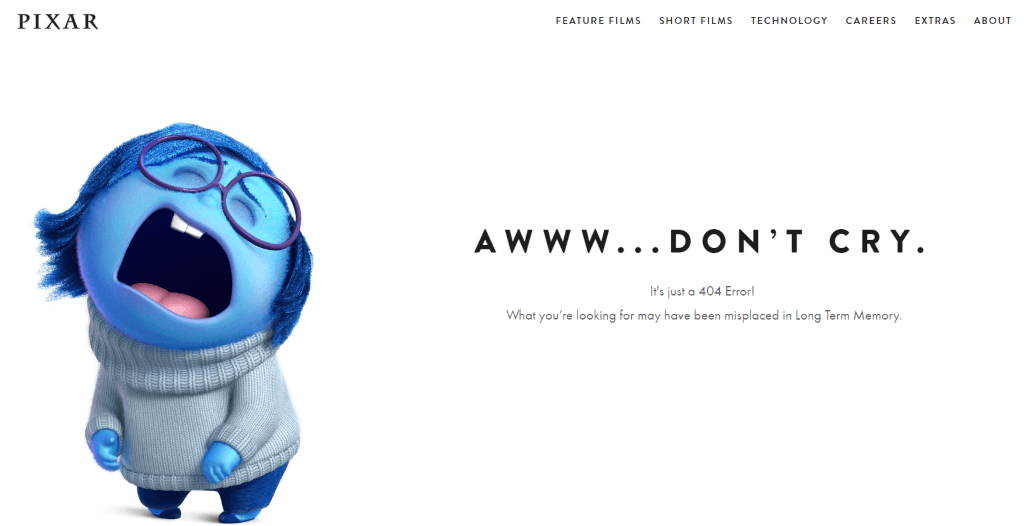 Ejemplo ux writing en error 404 Pixar