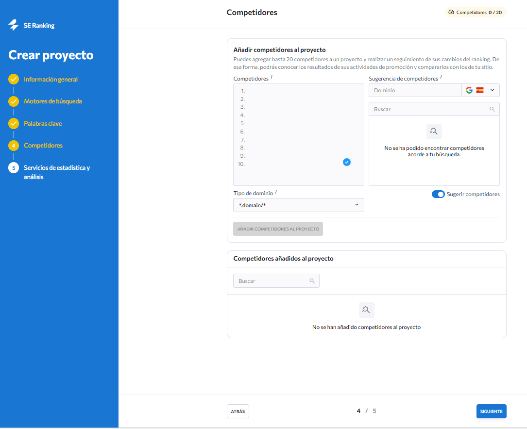 Añadir competidores a un nuevo proyecto