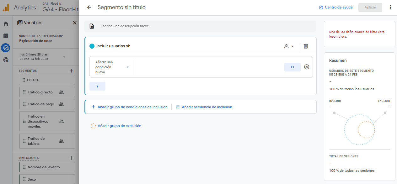 Condiciones y alcance del segmento en GA4