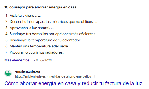 Ejemplo de lista en Featured Snippet