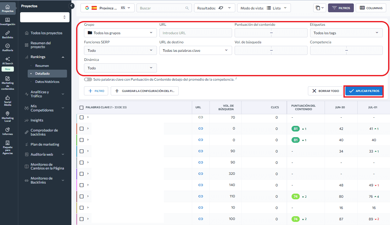Ranking de keywords detallado