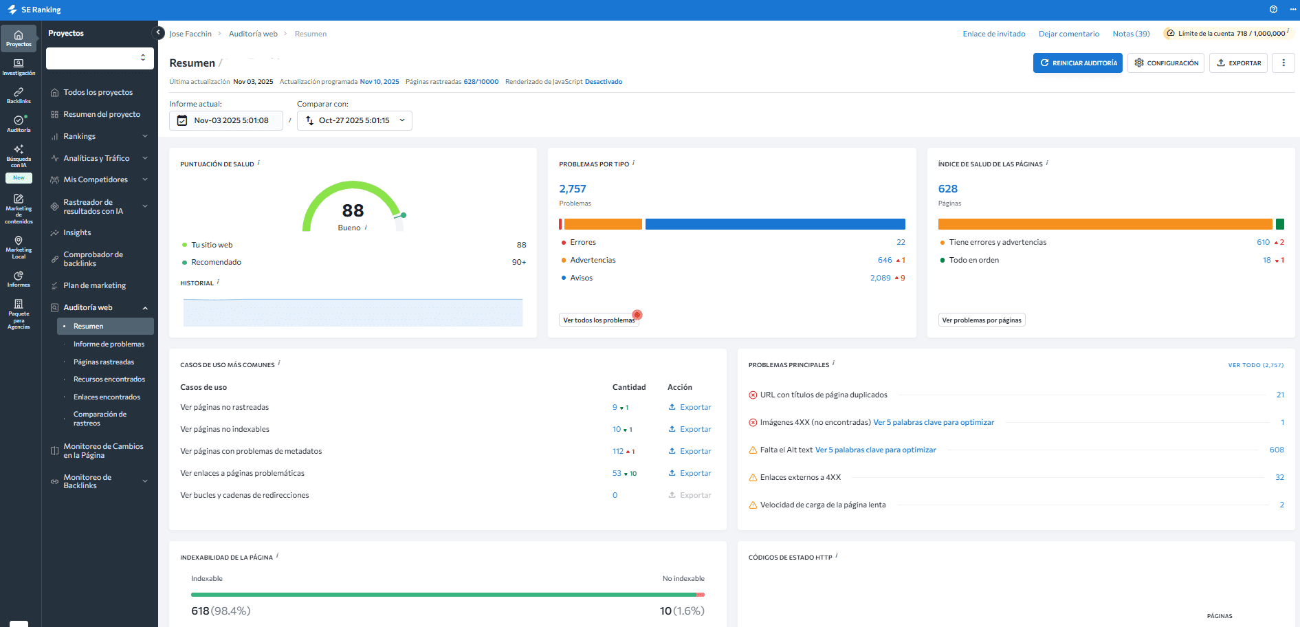 Interfaz de SE Ranking