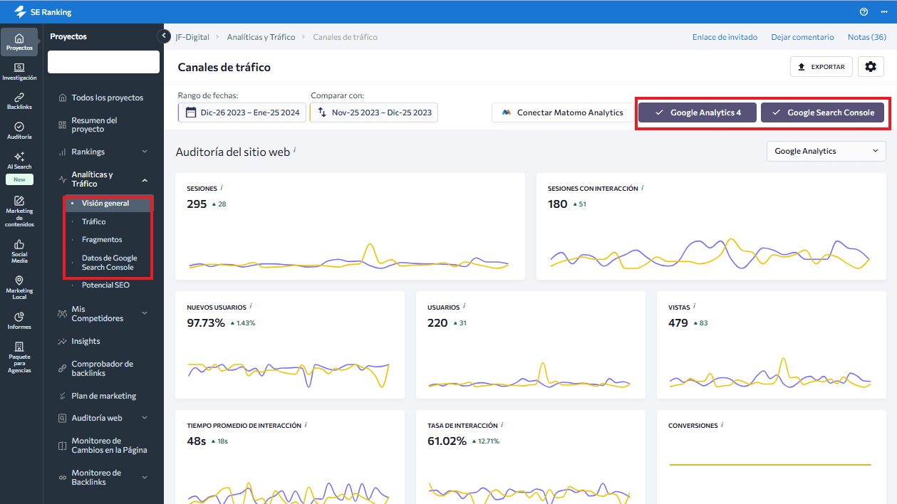  Google Analytics y Google Search Console directamente desde SE Ranking