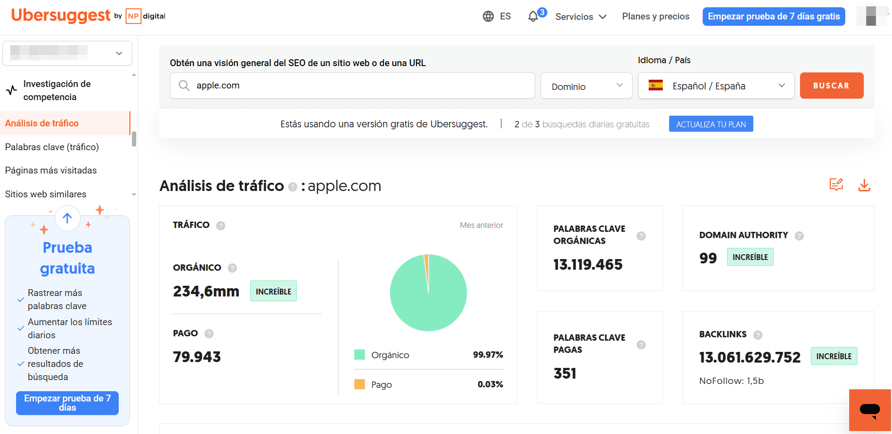 Interfaz de Ubersuggest