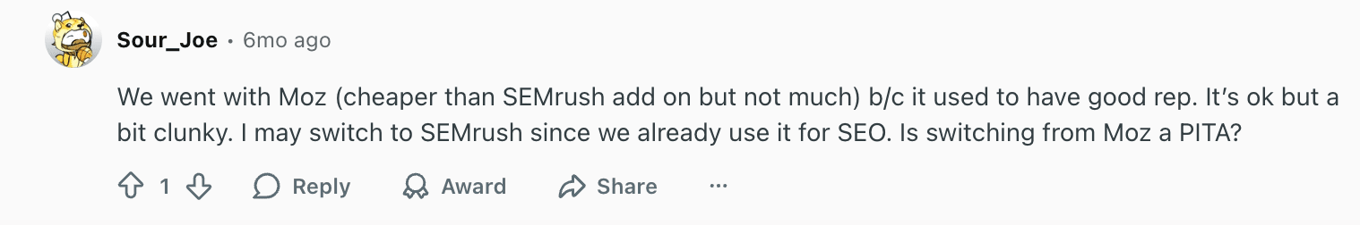 Opinión sobre Moz en Reddit