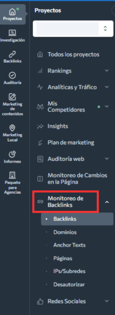 Menú monitoreo backlinks