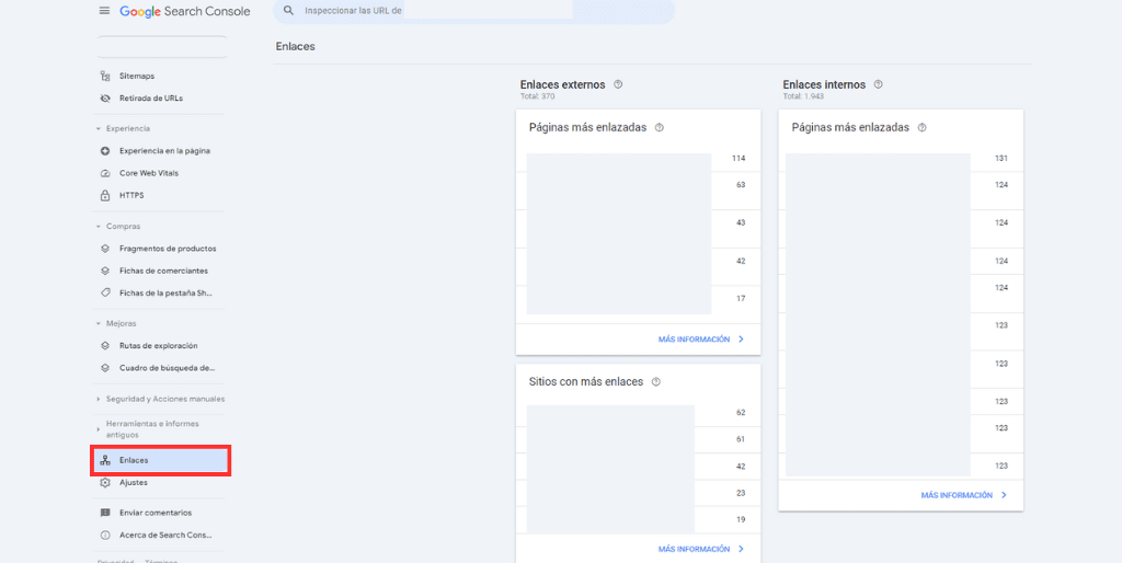 Sección enlaces Google Search Console