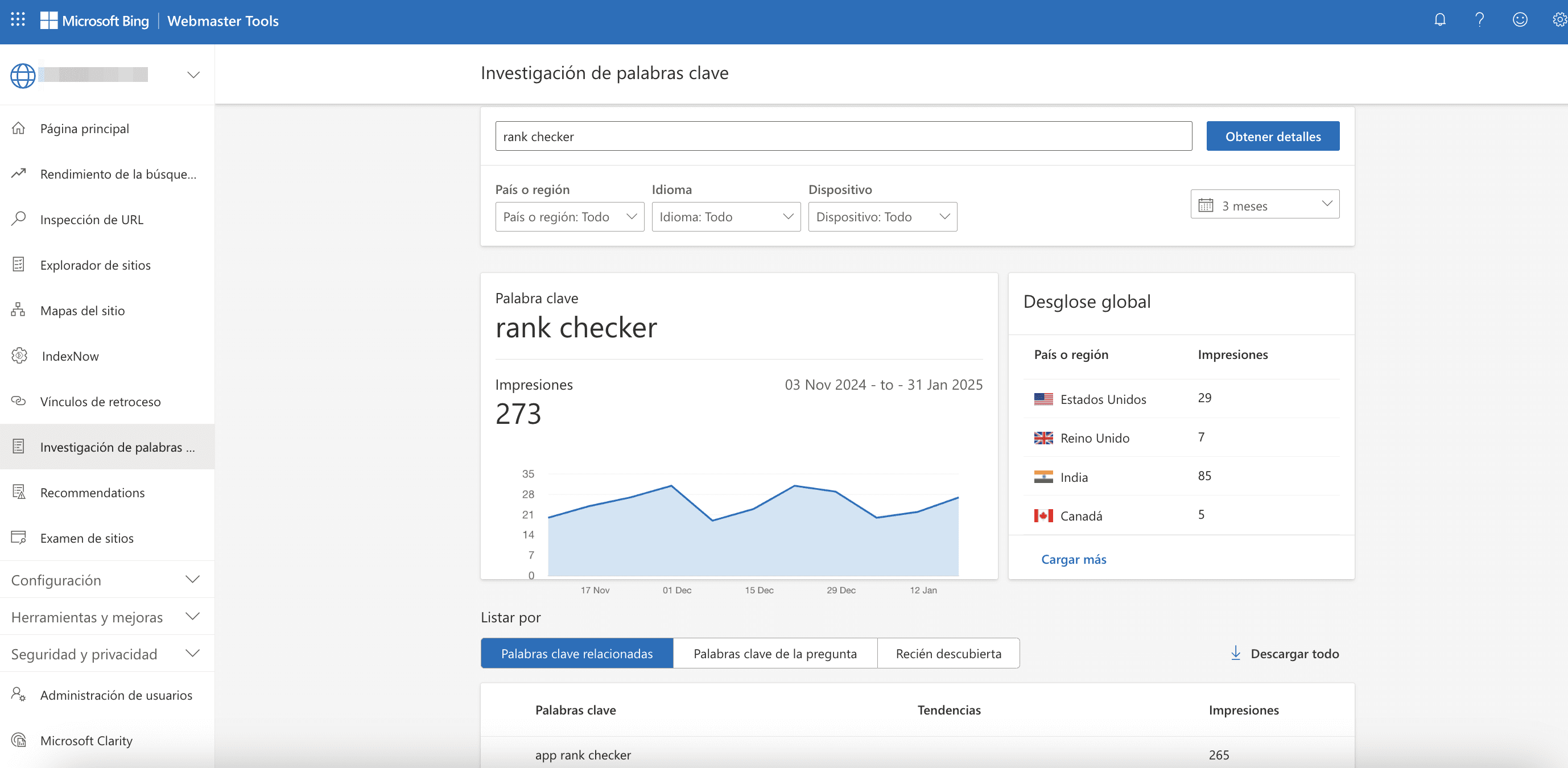 Herramienta de búsqueda de palabras clave en Bing Webmaster Tools