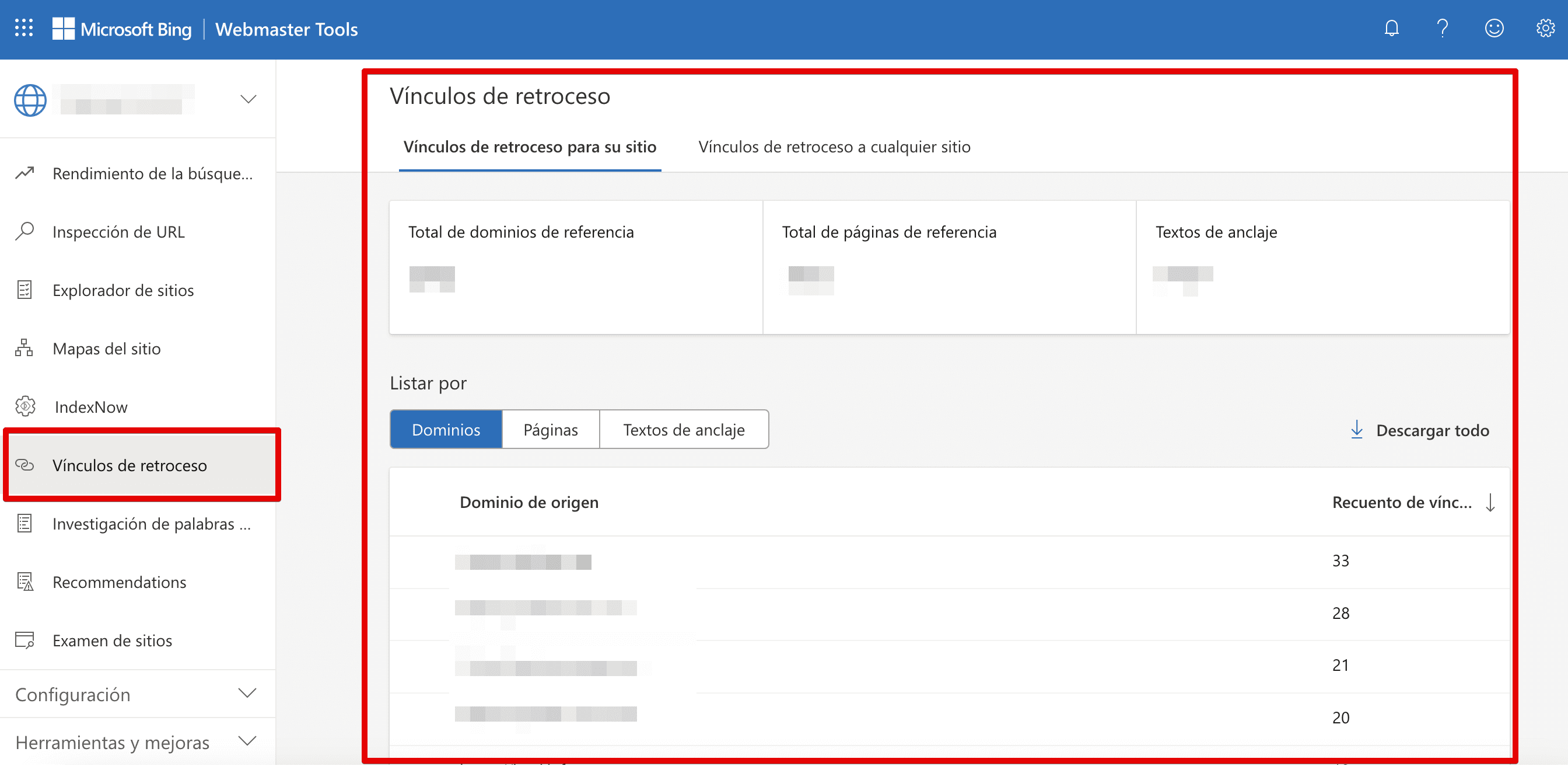 La sección de enlaces en Bing Webmaster Tools