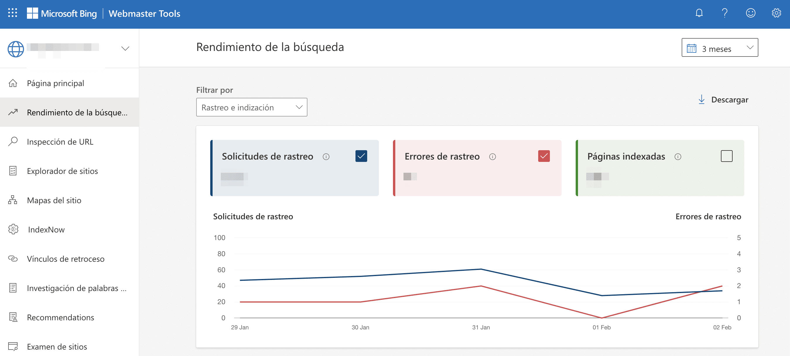 Rastreo e indexación de datos desde Bing Webmaster Tools