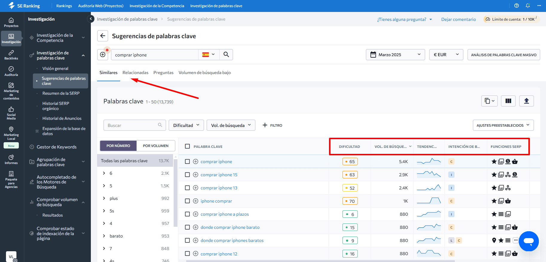 herramienta de investigación de palabras clave de SE Ranking