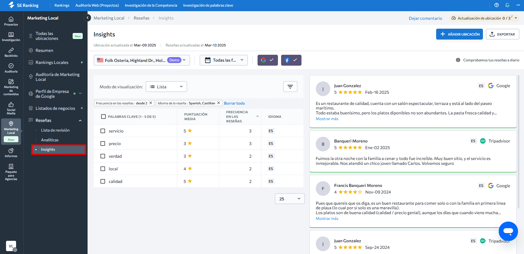 La función Insights de SE Ranking impulsada por IA