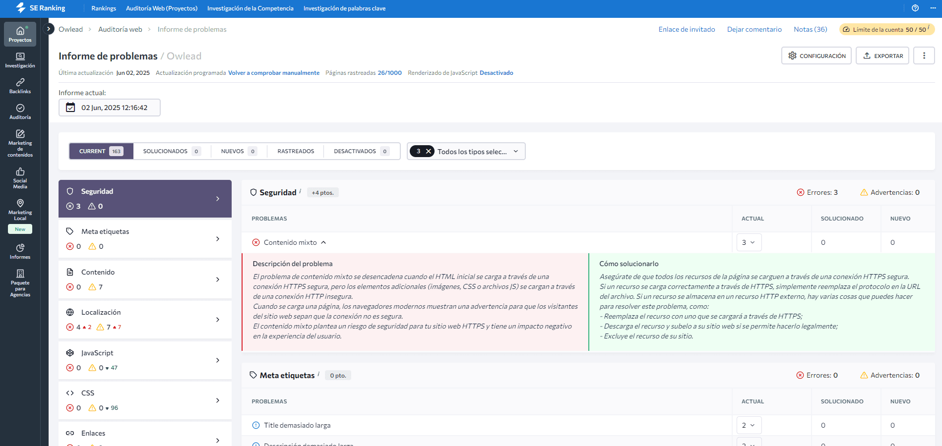Errores de la auditoría web Owlead a solucionar