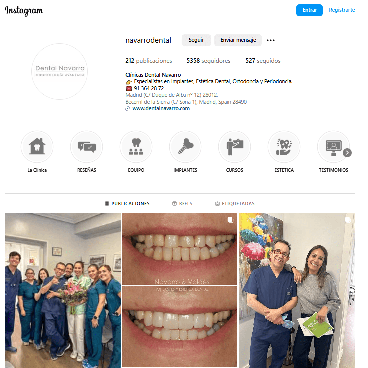 La página de Instagram de la Clínica Dental Navarro & Valdés