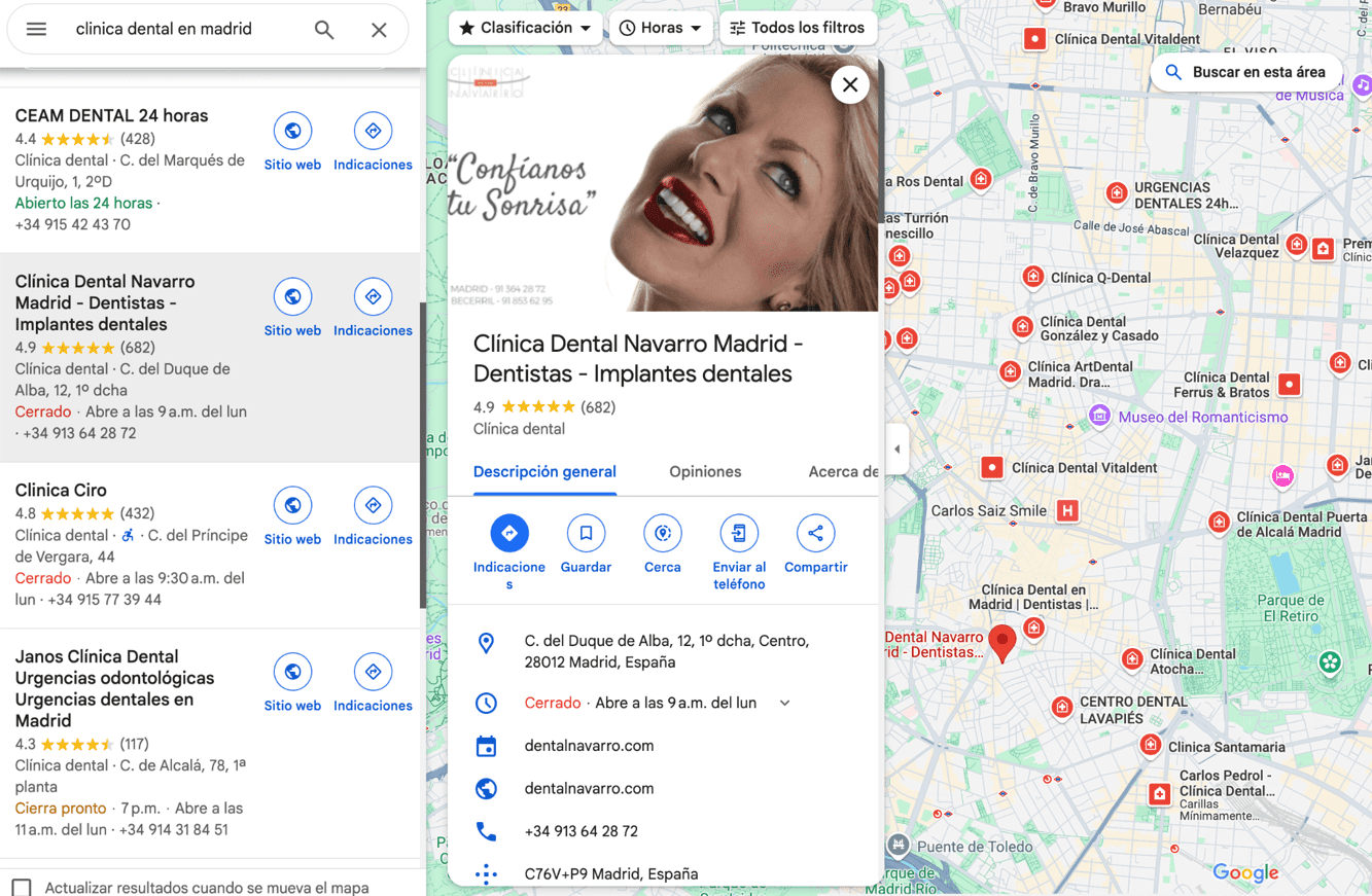 Clínica dental en Google maps