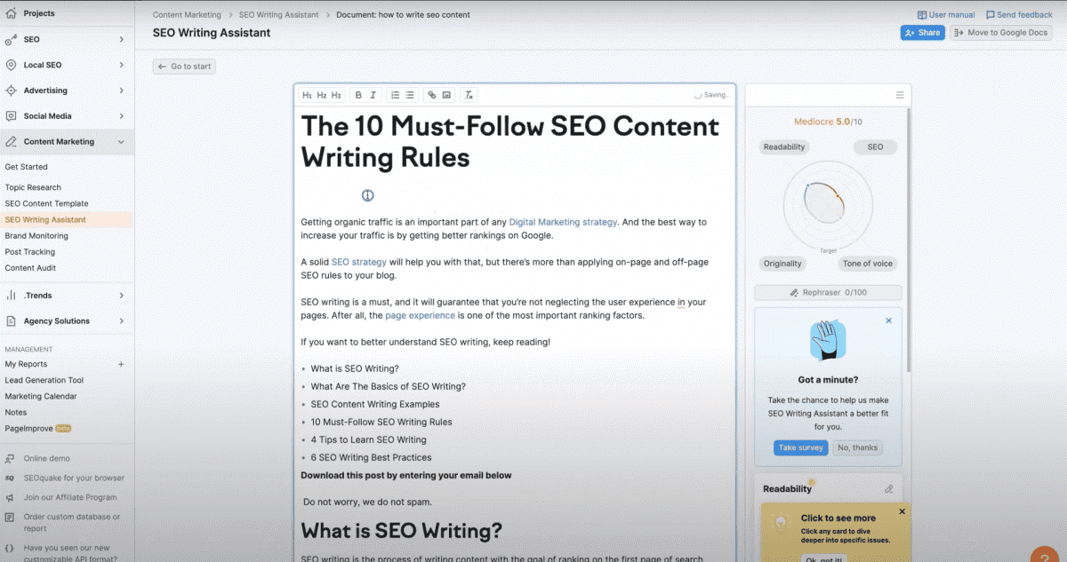 Interfaz de Semrush Writing Assistant