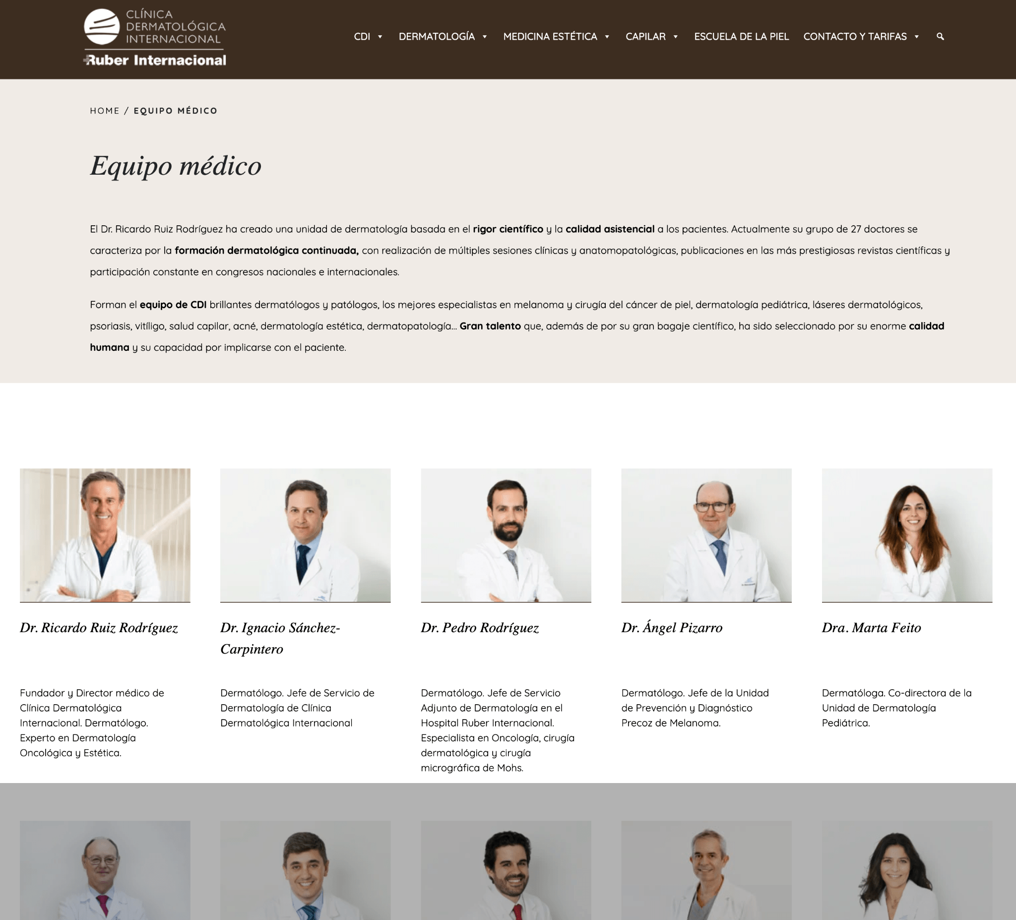 Página de equipo de la clínica Dermatológica Internacional
