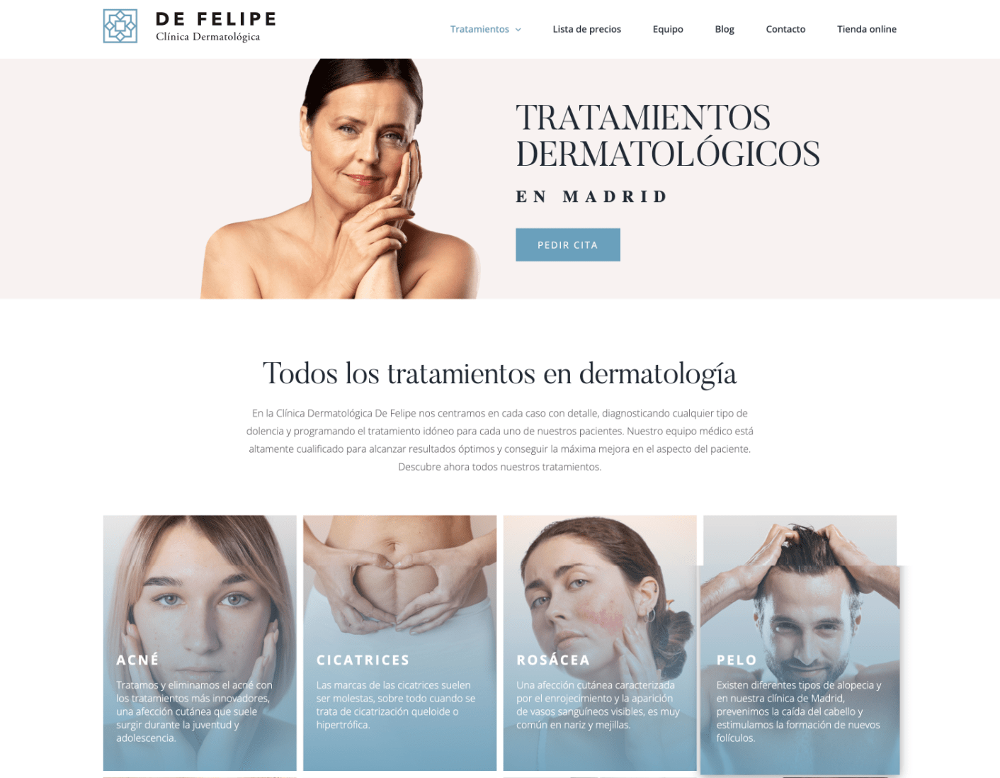 Página principal de la Clínica Dermatológica De Felipe en Madrid
