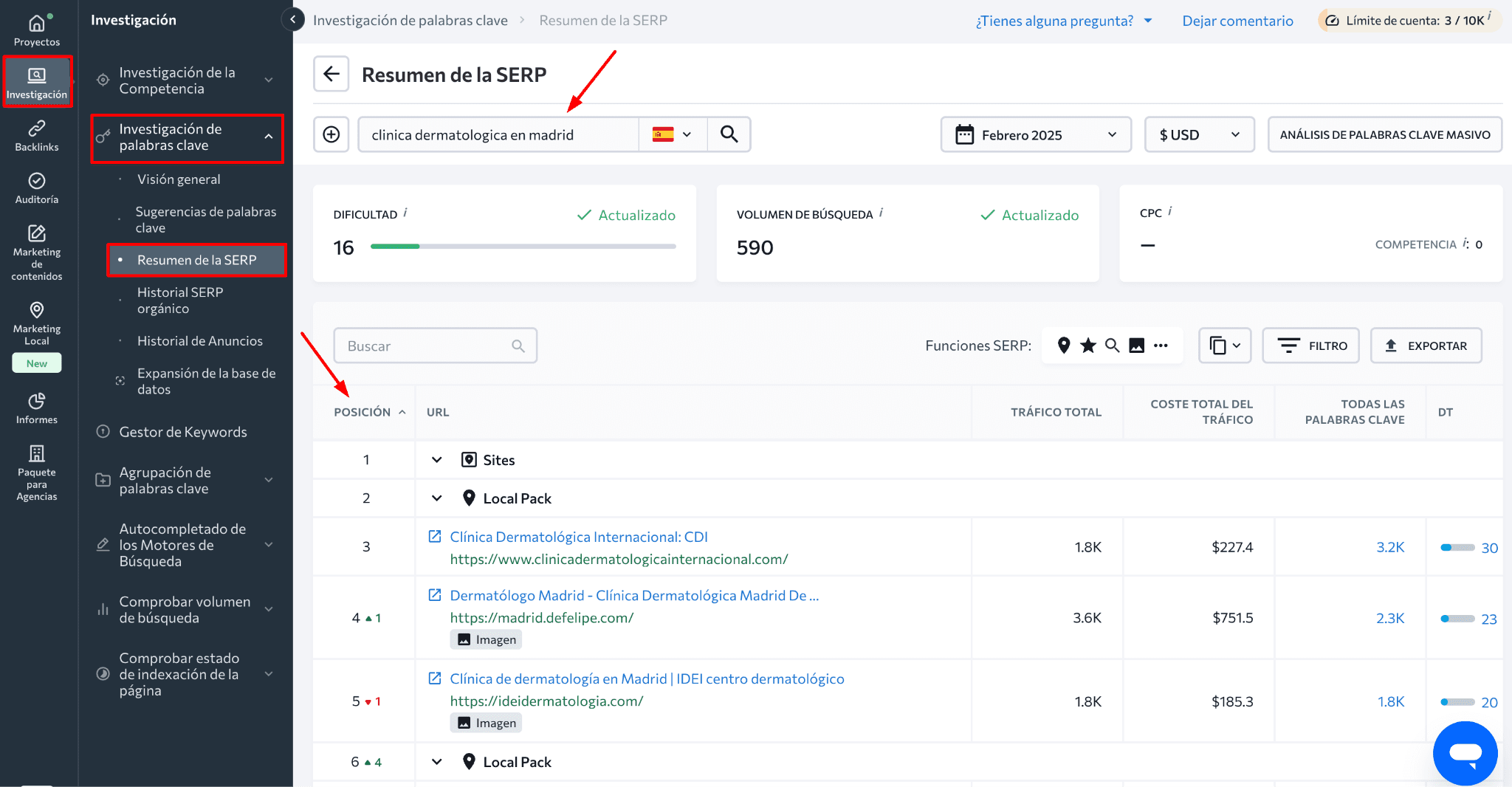 El informe de Resumen de la SERP