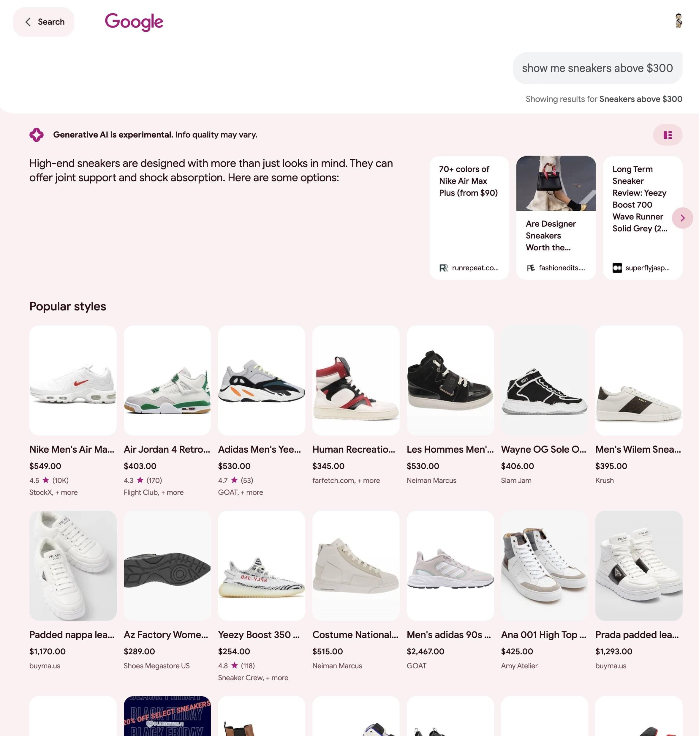 Diseño con múltiples tarjetas de productos en Google SGE