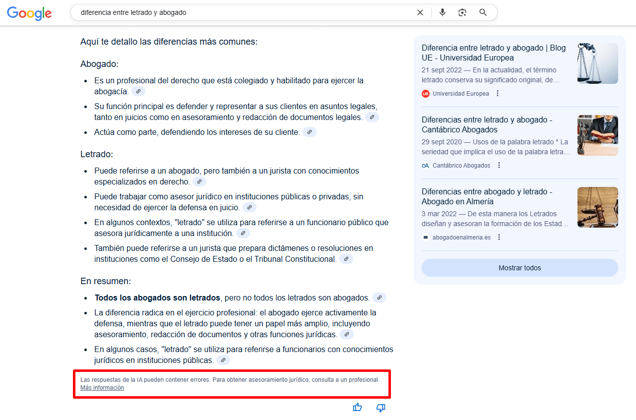 Un ejemplo de descargos de responsabilidad para la consulta YMYL