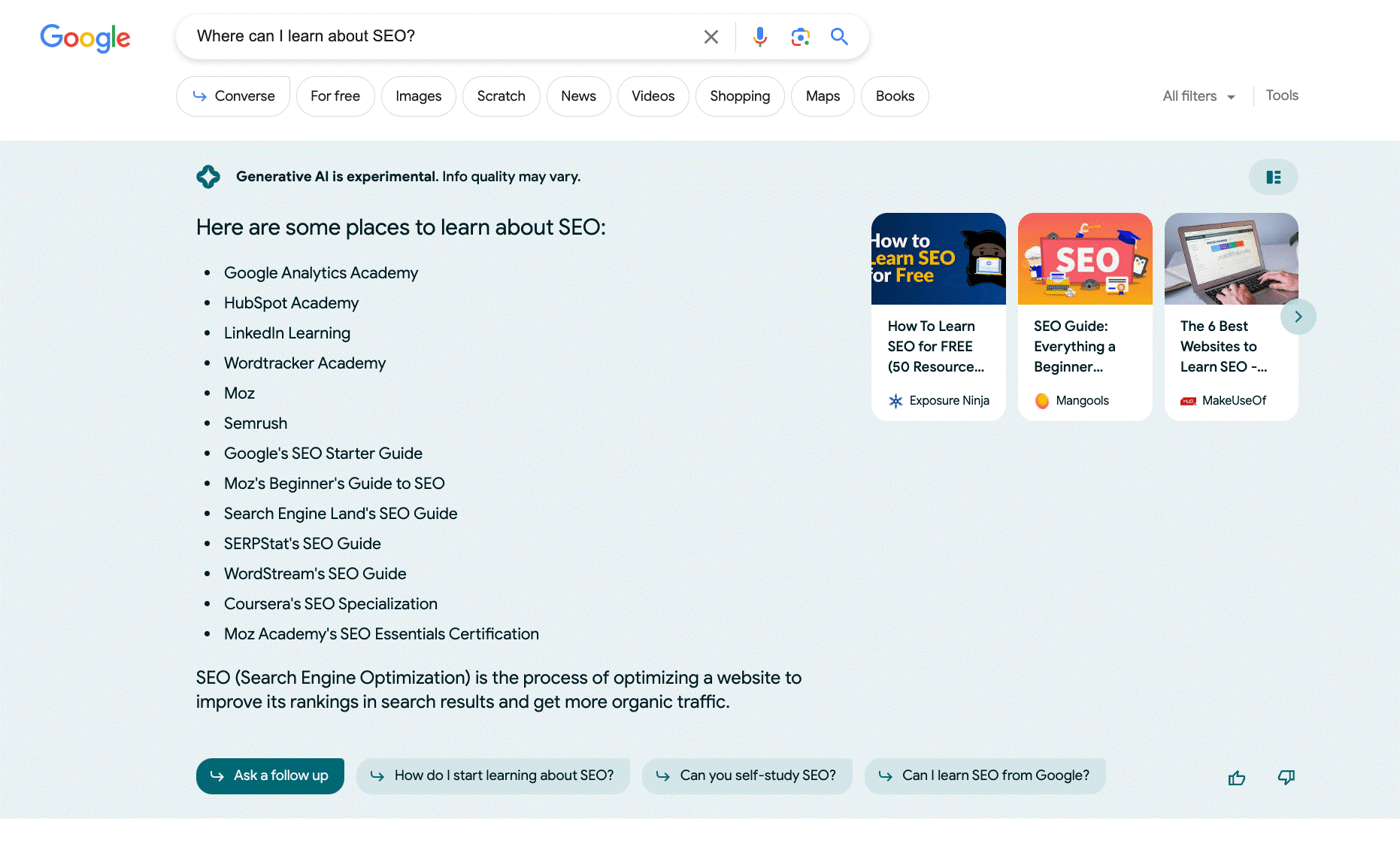 Ejemplo de la lista en Google SGE