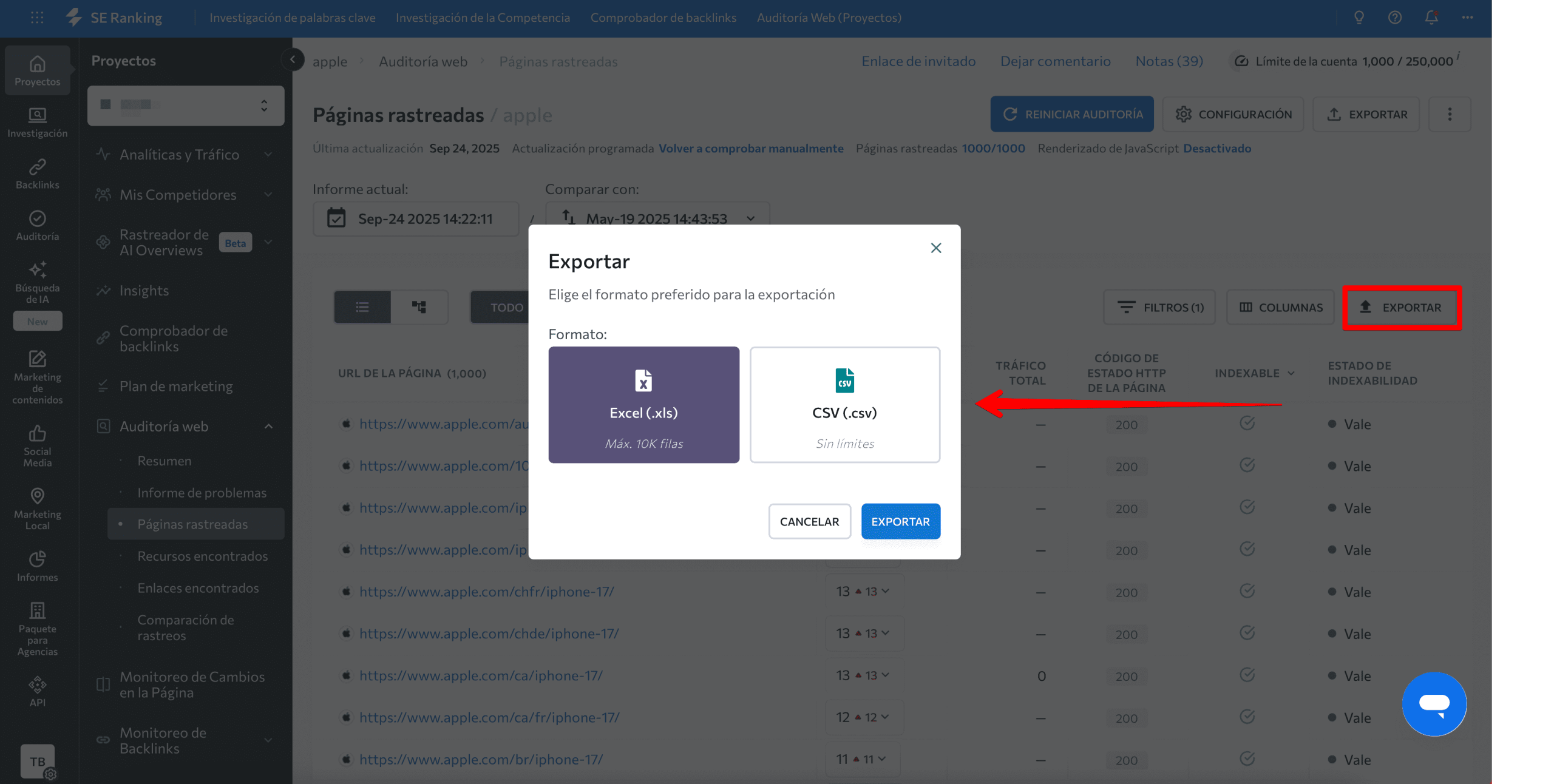 Exportar datos desde la herramienta de auditoría web