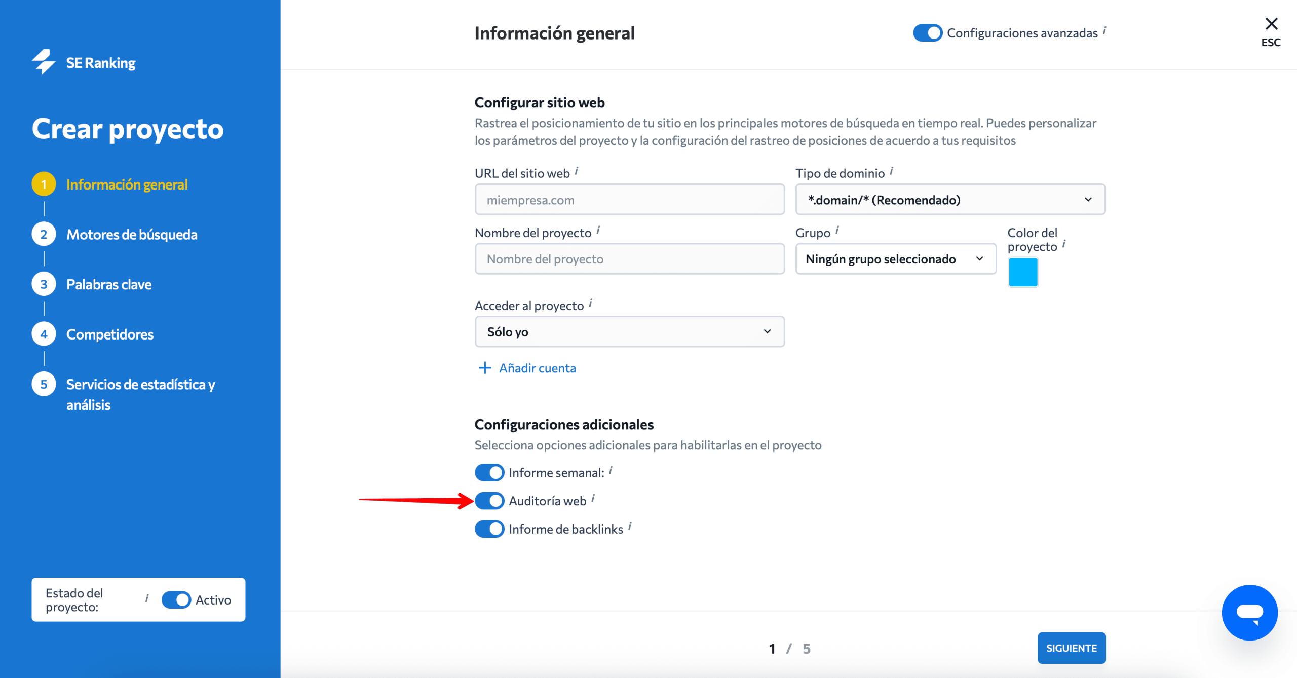Auditoría web habilitada durante la configuración del proyecto