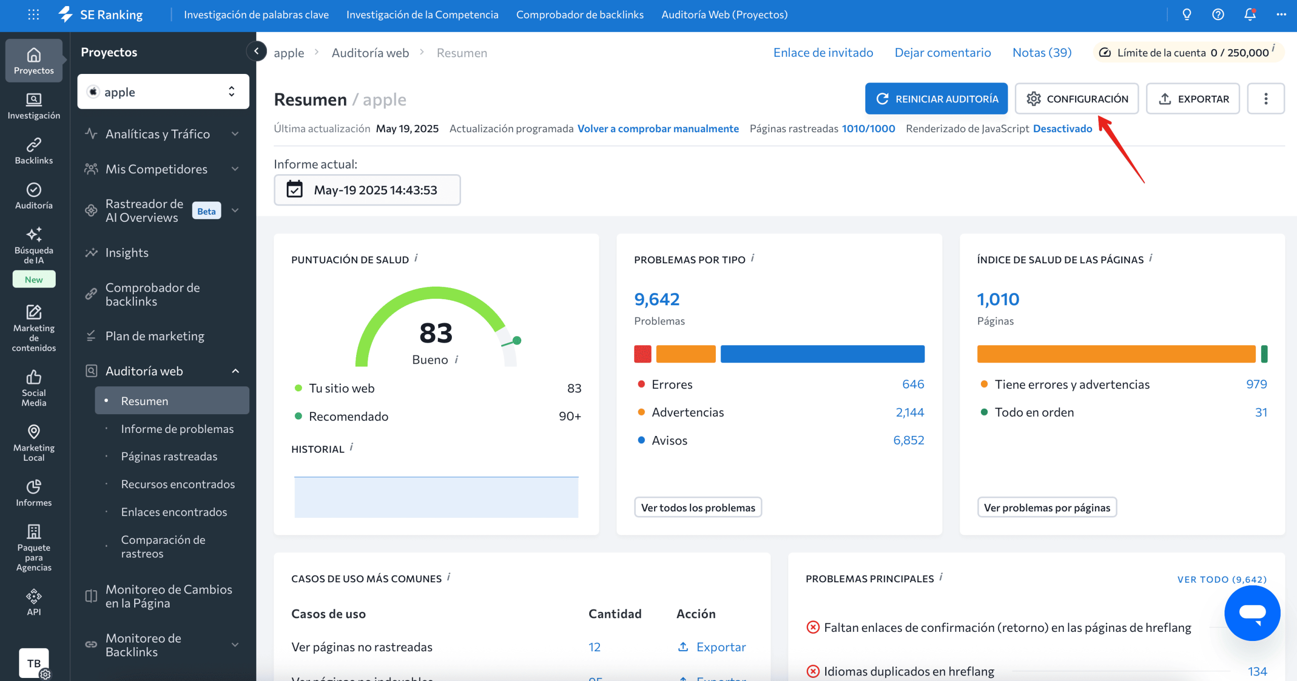 Abrir la configuración de auditoría web