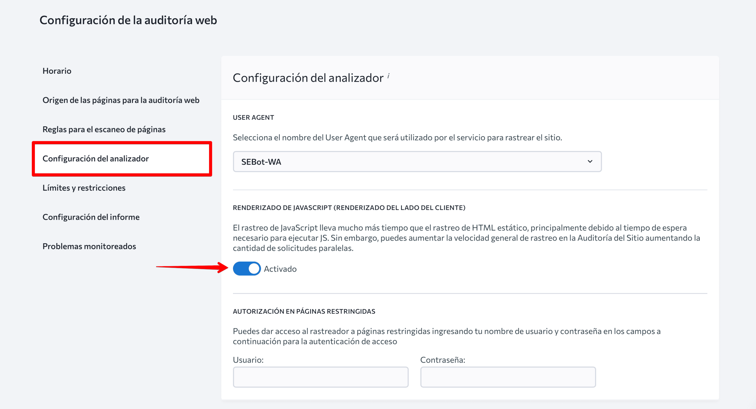 Configuración del analizador