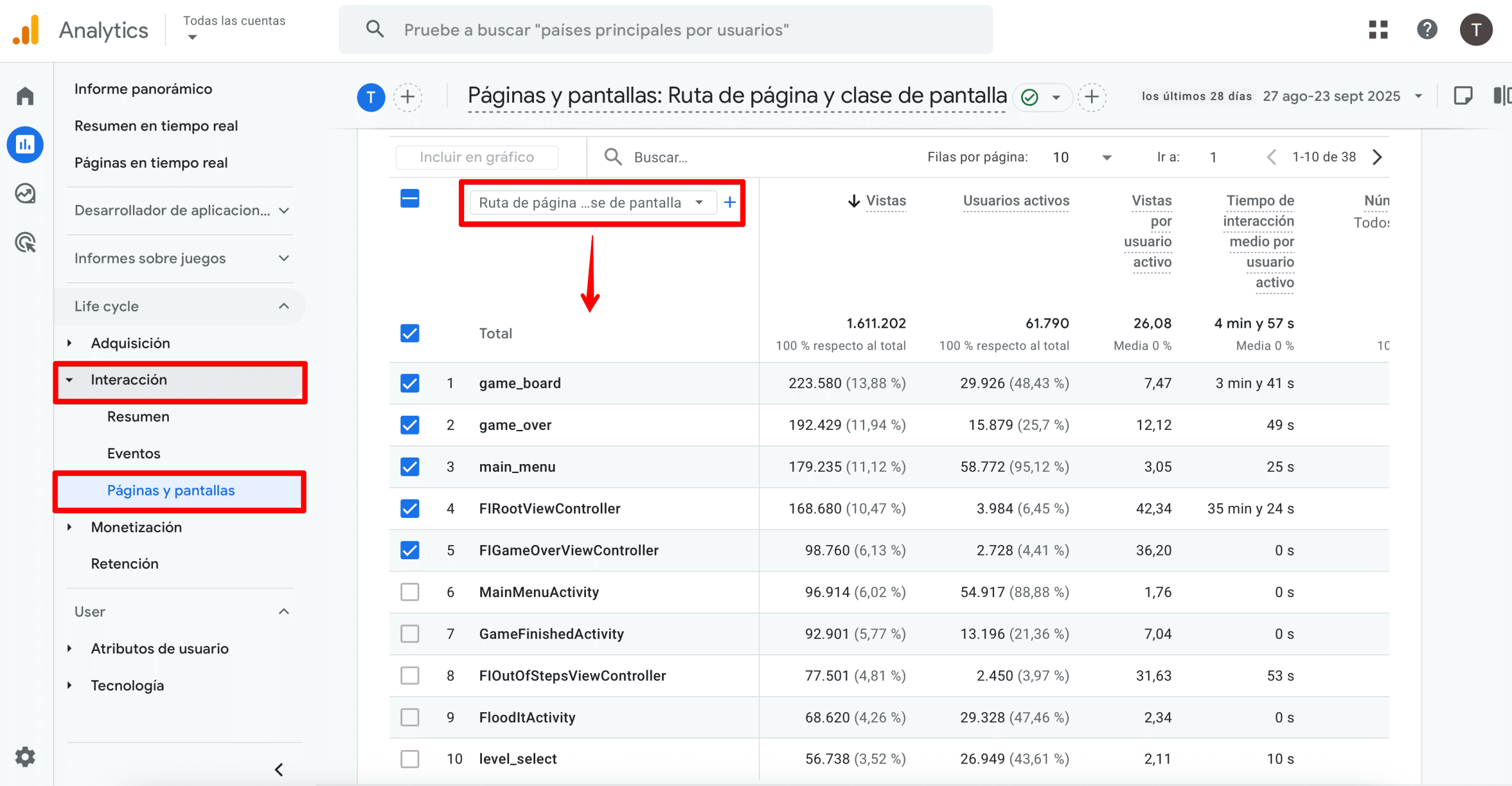 Informe de páginas y pantallas en GA