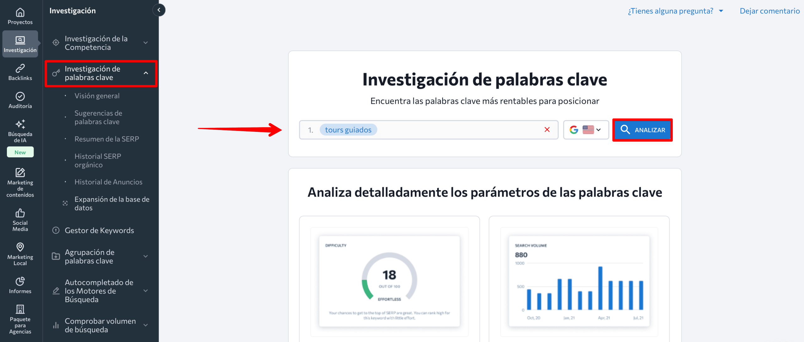 Herramienta Generador de palabras clave de SE Ranking