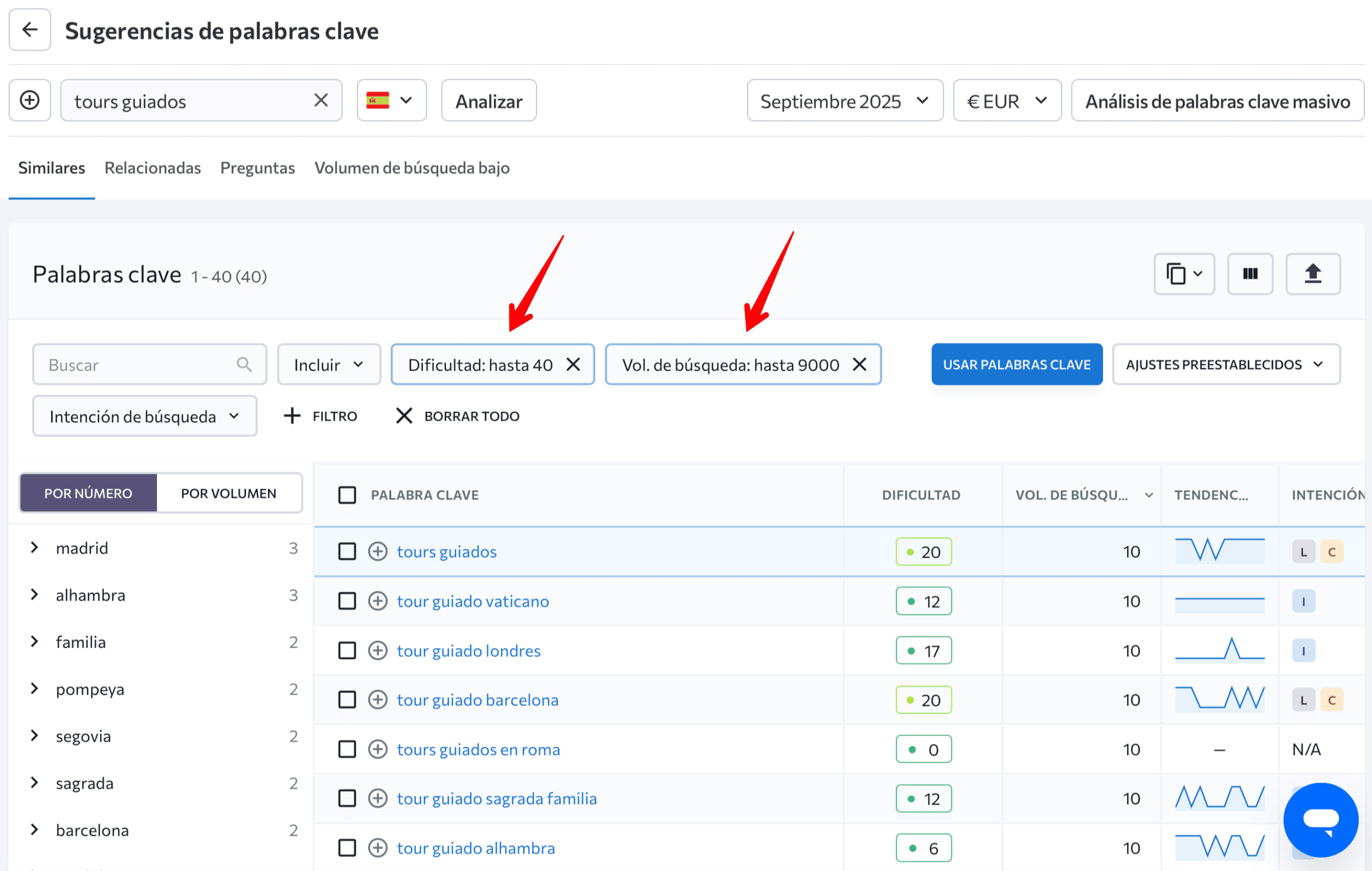 Filtrar palabras clave por dificultad y volumen de búsqueda en SE Ranking