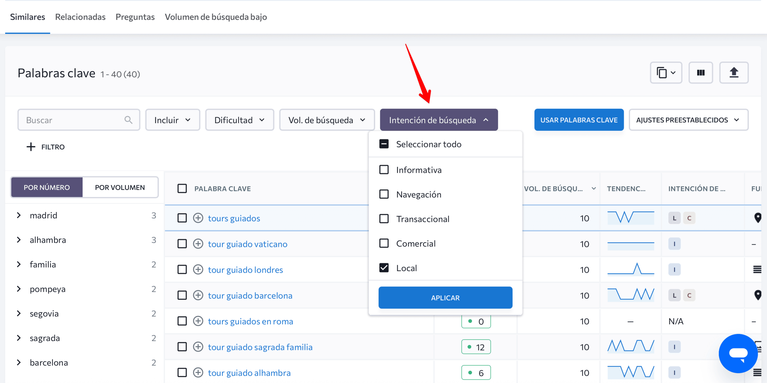Filtrar palabras clave por intención de búsqueda en SE Ranking