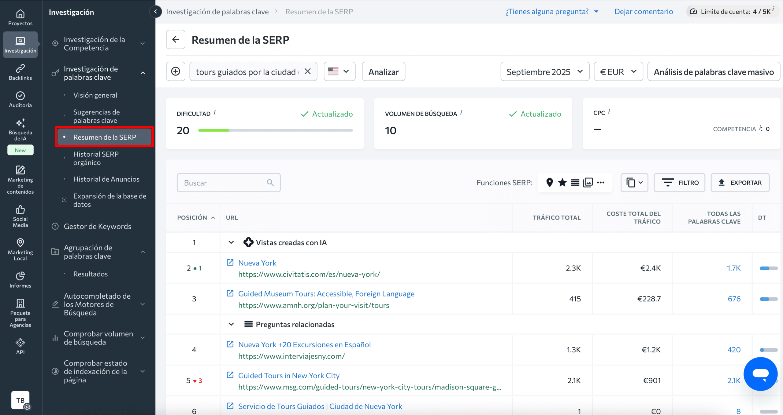 Pestaña «Descripción SERP» en la herramienta de palabras clave de SE Ranking