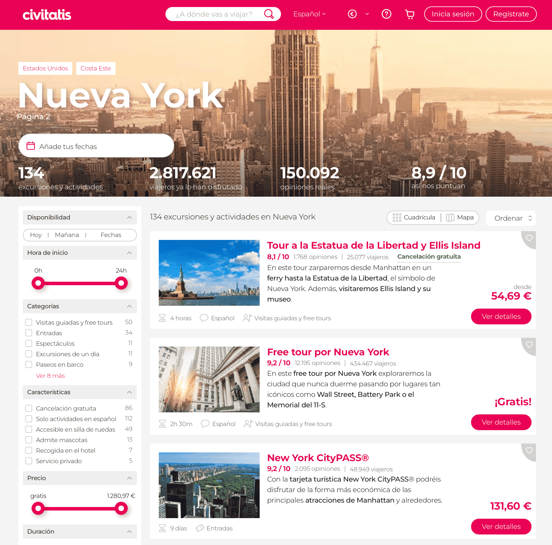 Sitio web con tarjetas turísticas