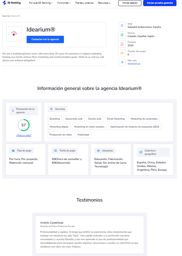 Landing pages para agencias de marketing digital en el sitio web de SE Ranking