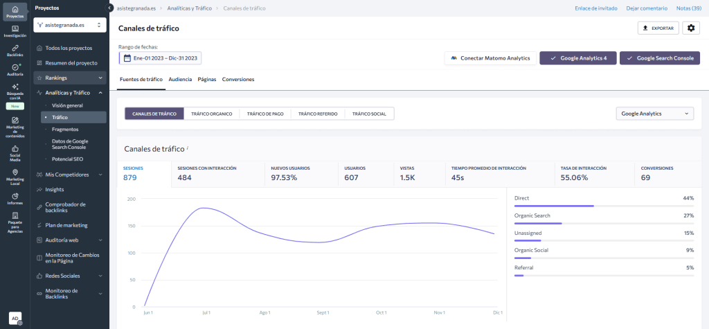 Detalle de los canales de tráfico orgánico del sitio web del cliente 