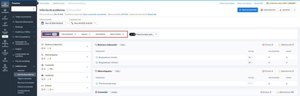 Informe de problemas en auditoría web