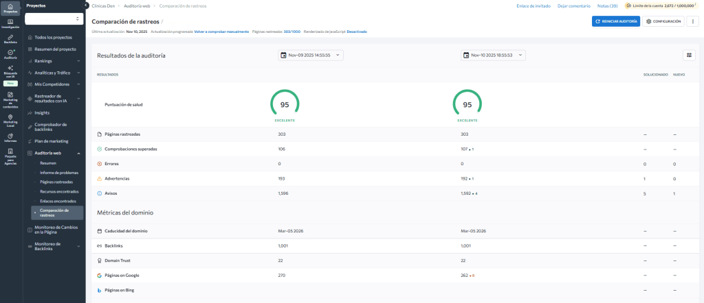 Comparación de rastreos