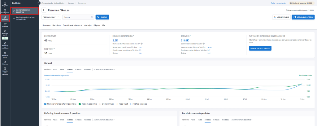 Comprobador de backlinks con históricos de datos