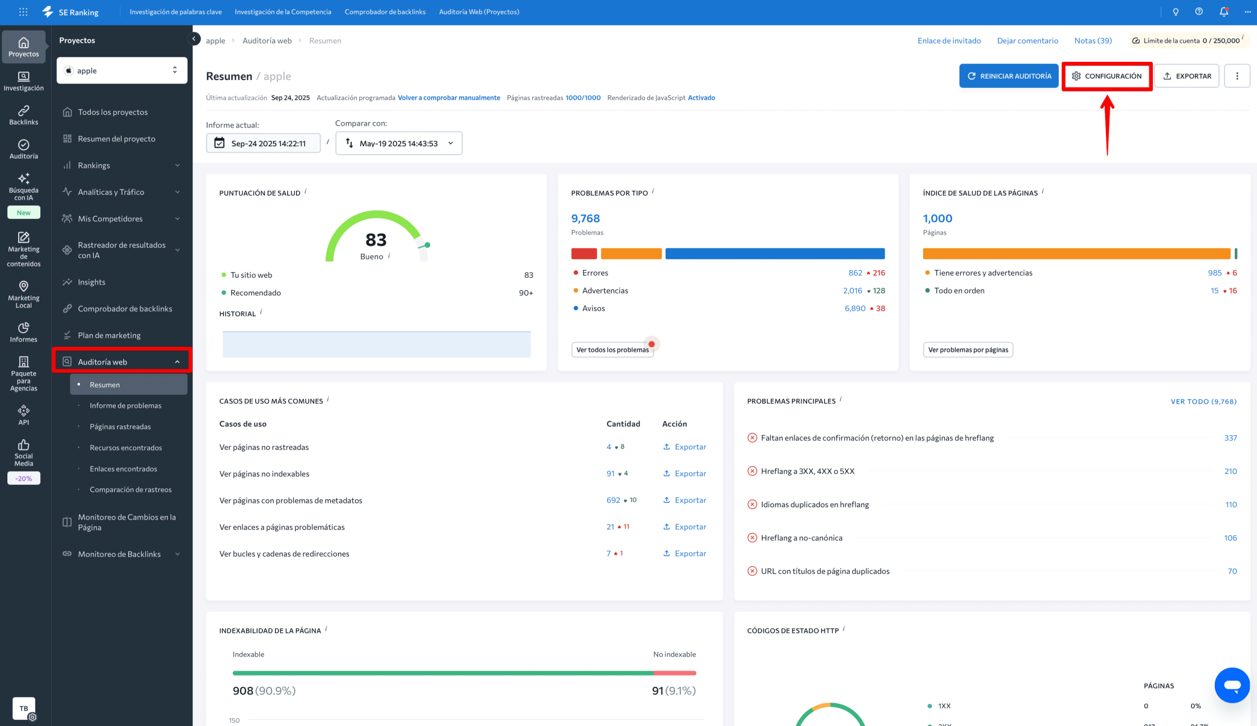 Configuración de la auditoría del sitio web de SE Ranking