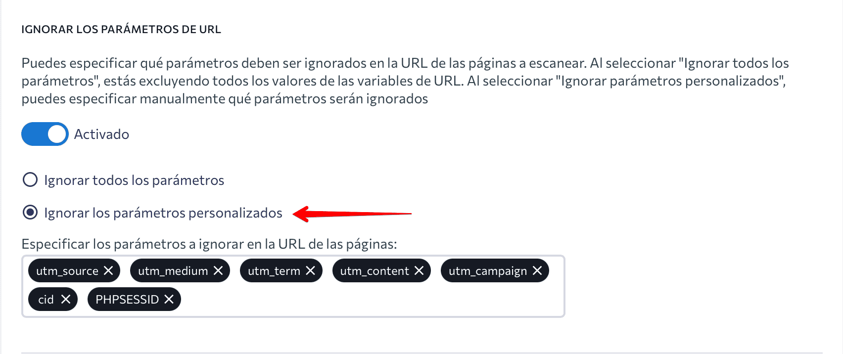 Opción para ignorar los parámetros personalizados