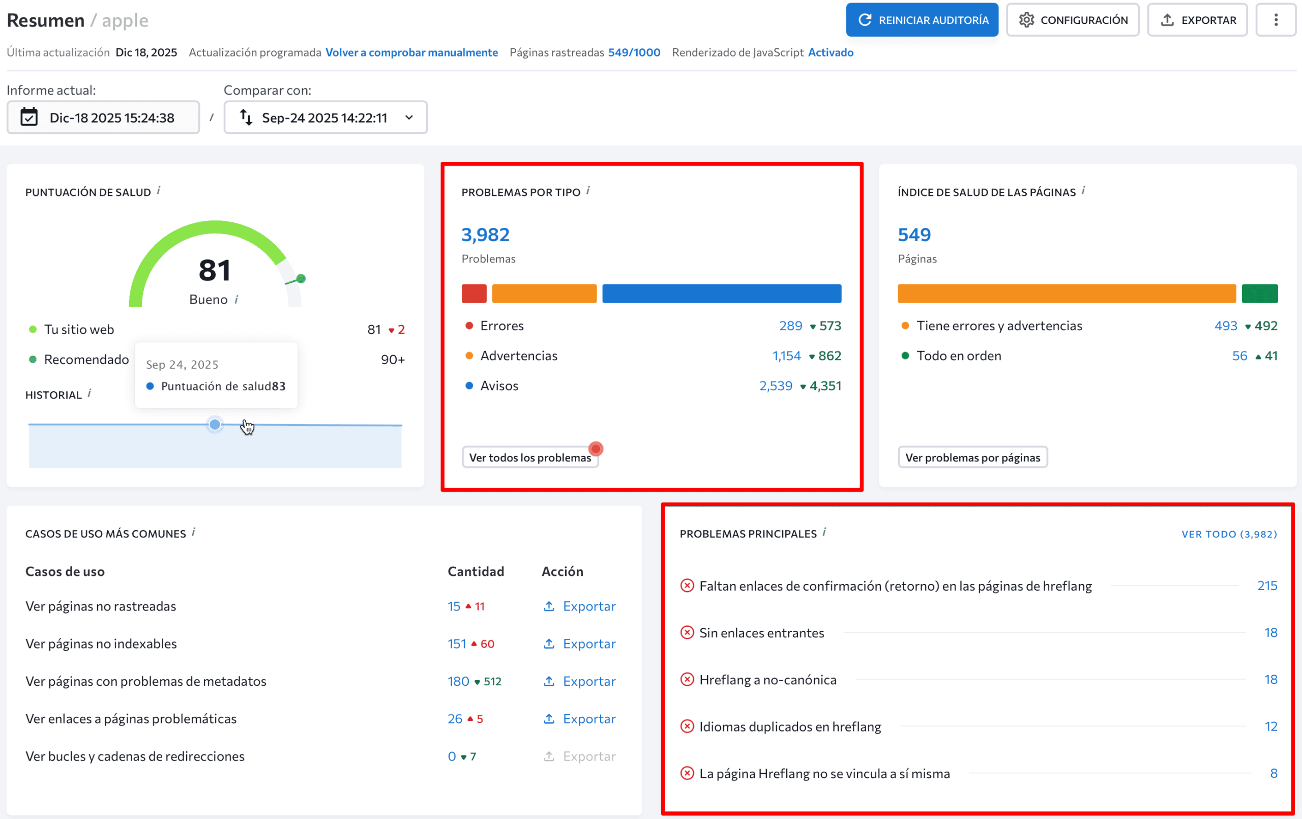 Sección de resumen de la auditoría del sitio web con los problemas más importantes resaltados