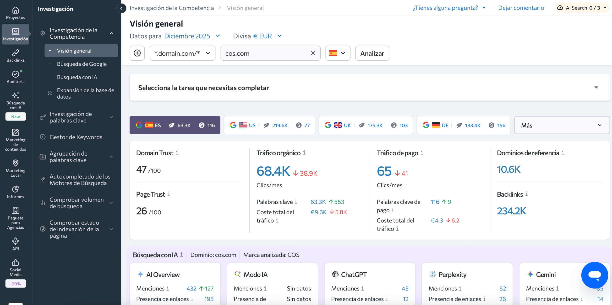 Herramienta de investigación competitiva de SE Ranking