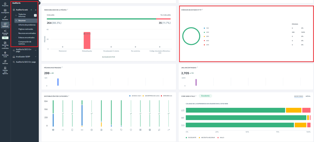 Auditoría SE Ranking con códigos de estado HTTP Auditoría SE Ranking con códigos de estado HTTP