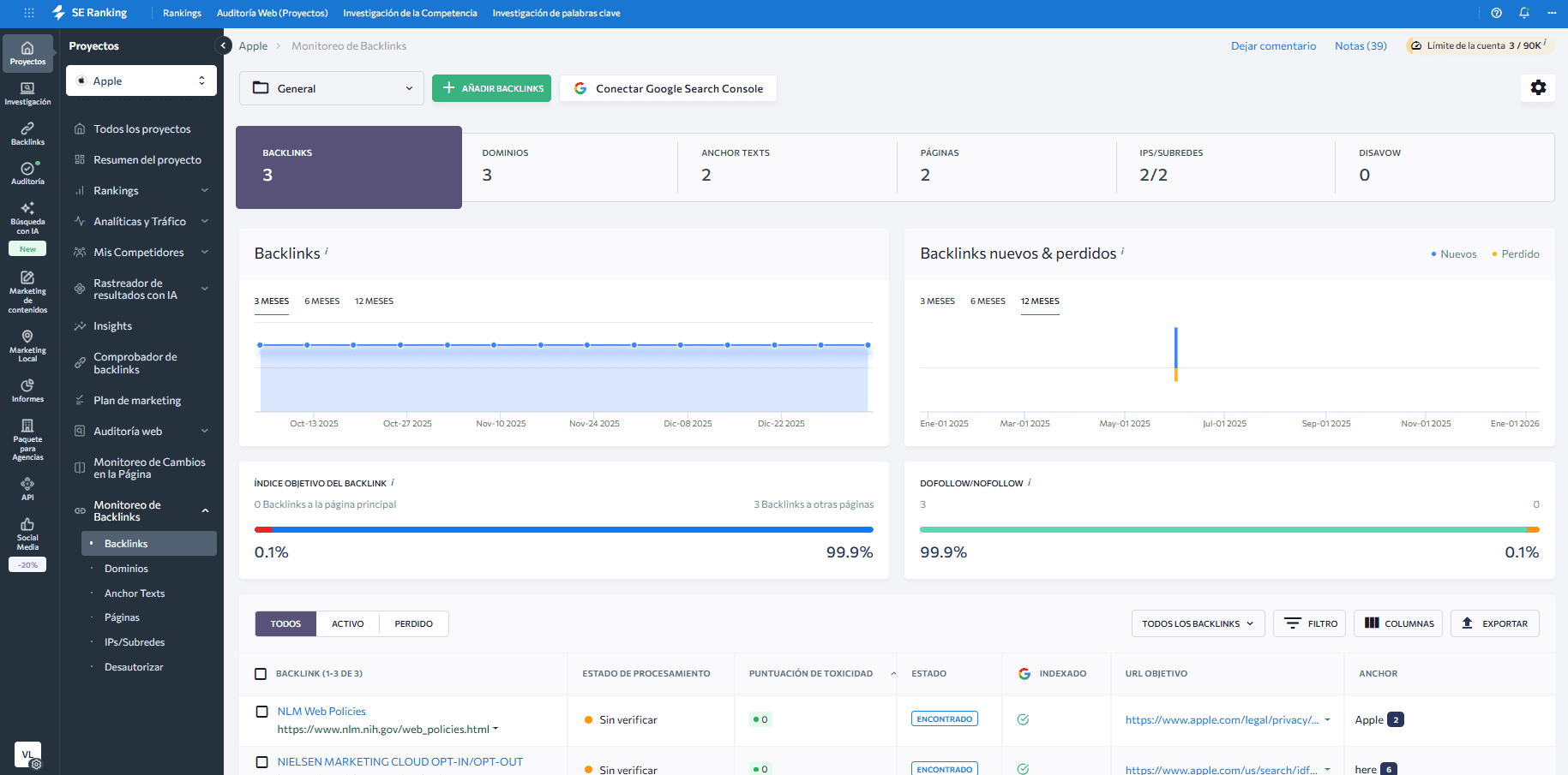 Función de supervisión de enlaces de SE Ranking
