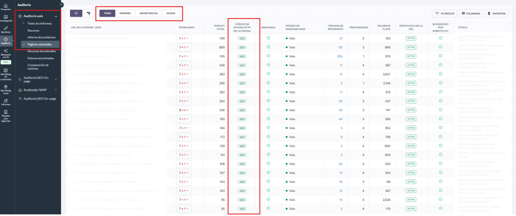 Códigos de estado en páginas rastreadas Códigos de estado en páginas rastreadas