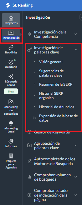 Menú investigación de palabras clave Menú investigación de palabras clave