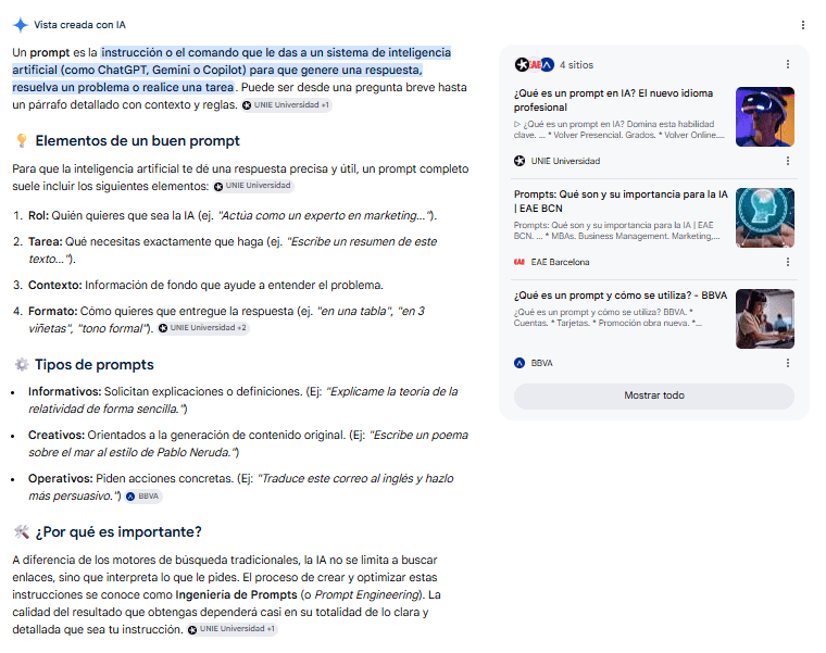 Ejemplo AI Overviews para buscar prompts Ejemplo AI Overviews para buscar prompts